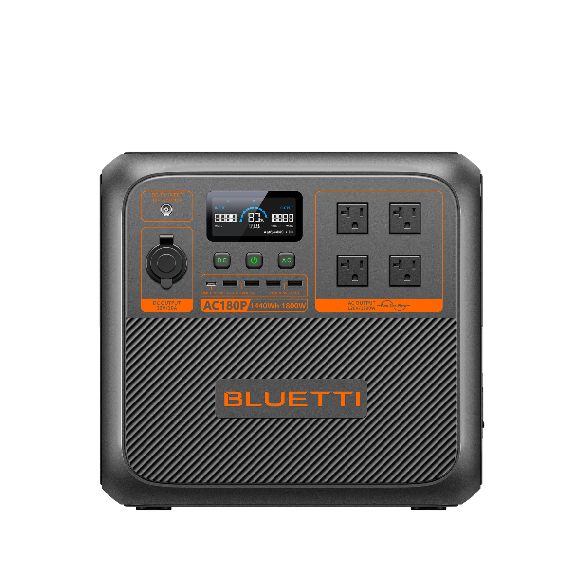 BLUETTI AC180P Powerstation mit 1.440 Wh und Display – Frontansicht