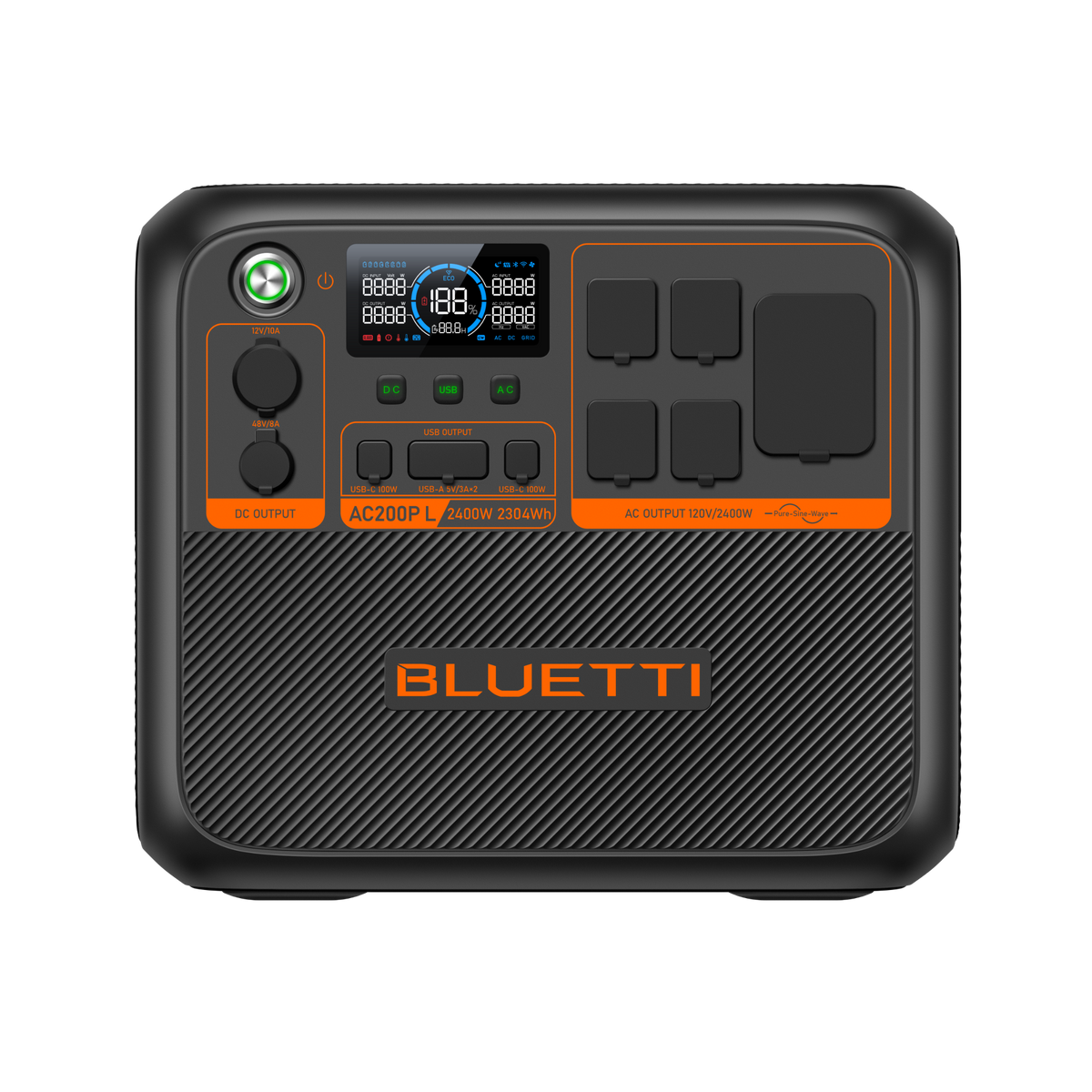 BLUETTI AC200PL Powerstation mit 2.304 Wh – Frontansicht mit Anschlüssen